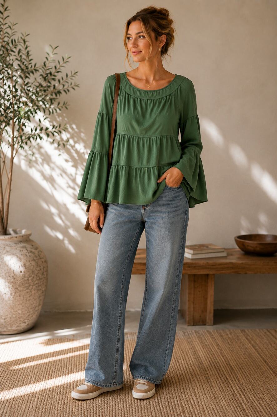 Rebecca Taylor Green Tiered Long Sleeve Blouse Womens XS Bell Boho Fall Top